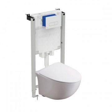 Set vas wc rimless suspendat cu capac softclose, Foglia Alice si rezervor incastrat Prosys cu set de fixare inclus si clapeta Oleas M1 alb lucios, Ideal Standard