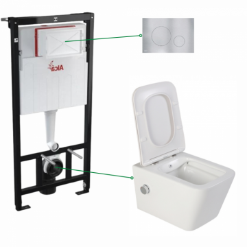 Set vas wc suspendat alb cu functie bideu si baterie crom mat Foglia Safari, rezervor wc incastrat si clapeta aluminiu mat , Alcadrain