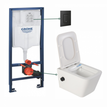 Set vas wc suspendat cu functie bideu alb si baterie inclusa negru mat Foglia Safari, rezervor Grohe Solido 3 in 1 cu clapeta neagru mat Even