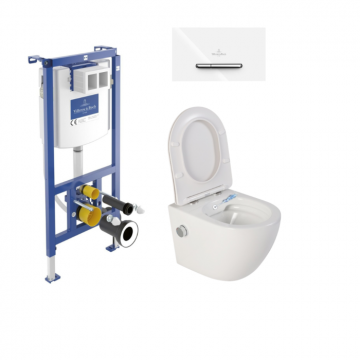 Set vas wc suspendat cu functie bideu, cu capac softclose si rezervor incastrat Villeroy  Boch cu clapeta alba