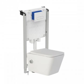 Set vas wc suspendat cu functie bideu, dreptunghiular, rimless, baterie crom Foglia Safari si rezervor incastrat Prosys cu set de fixare inclus si clapeta Oleas M1 alb lucios, Ideal Standard