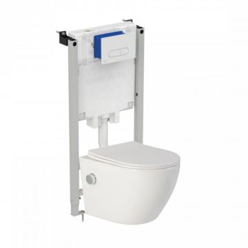Set vas wc suspendat cu functie bideu, semirotund, rimless, baterie crom Foglia Oslo si rezervor incastrat Prosys cu set de fixare inclus si clapeta Oleas M1 alb lucios, Ideal Standard