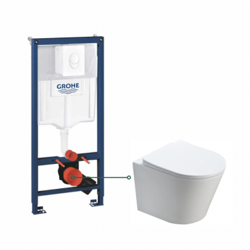 Set vas wc suspendat rimless cu capac quick release si soft close, alb, Fluminia Clementina si rezervor incastrat cu clapeta alba, Rapid SL,set fixare si actionare pneumatica Skate Air Grohe
