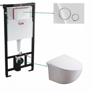 Set vas wc suspendat rimless cu capac soft close Foglia Alice, rezervor incastrat si clapeta crom lucios Cersanit