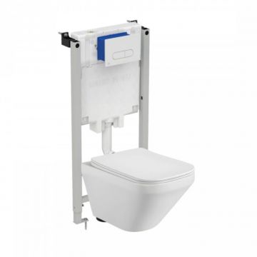 Set vas wc suspendat rimless, dreptunghiular, capac slim softclose, Foglia Bristol si  rezervor incastrat Prosys cu set de fixare inclus si clapeta Oleas M1 alb lucios, Ideal Standard